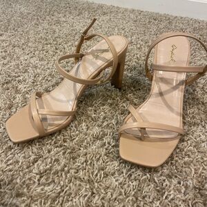 Qupid Nude Strappy Square-Toe Block Heel Sandals